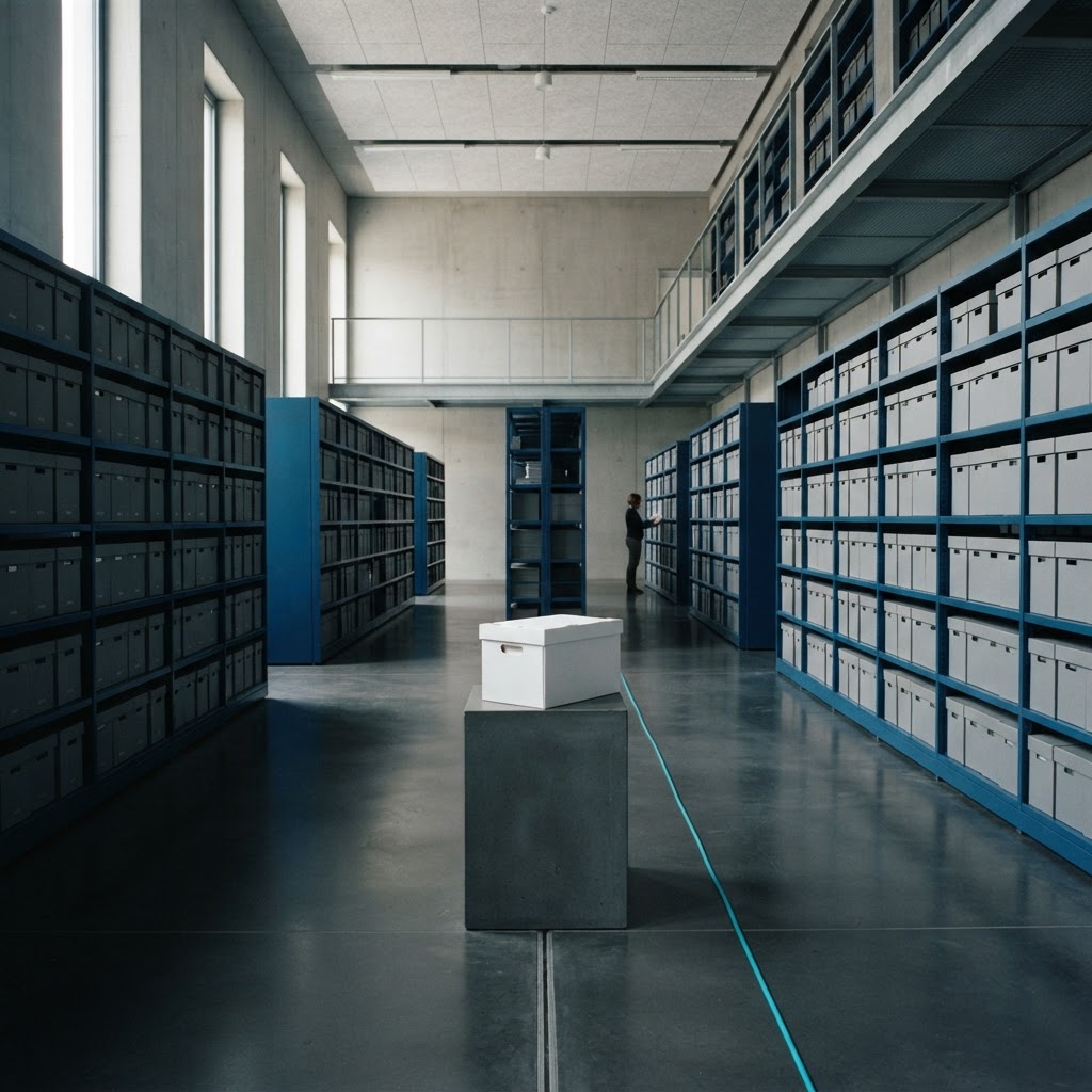 Minimalist library archive with a single white archival box