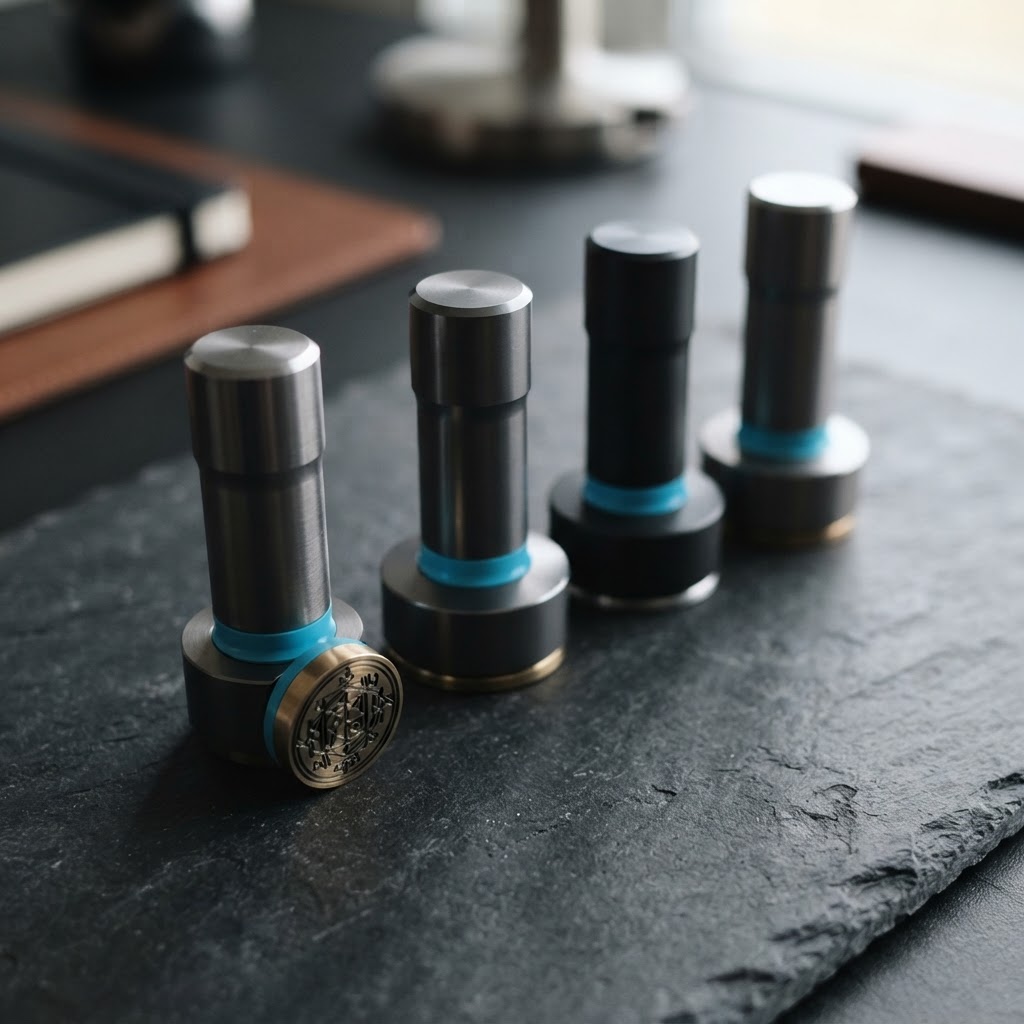 Set of professional office stamps on a stone desk
