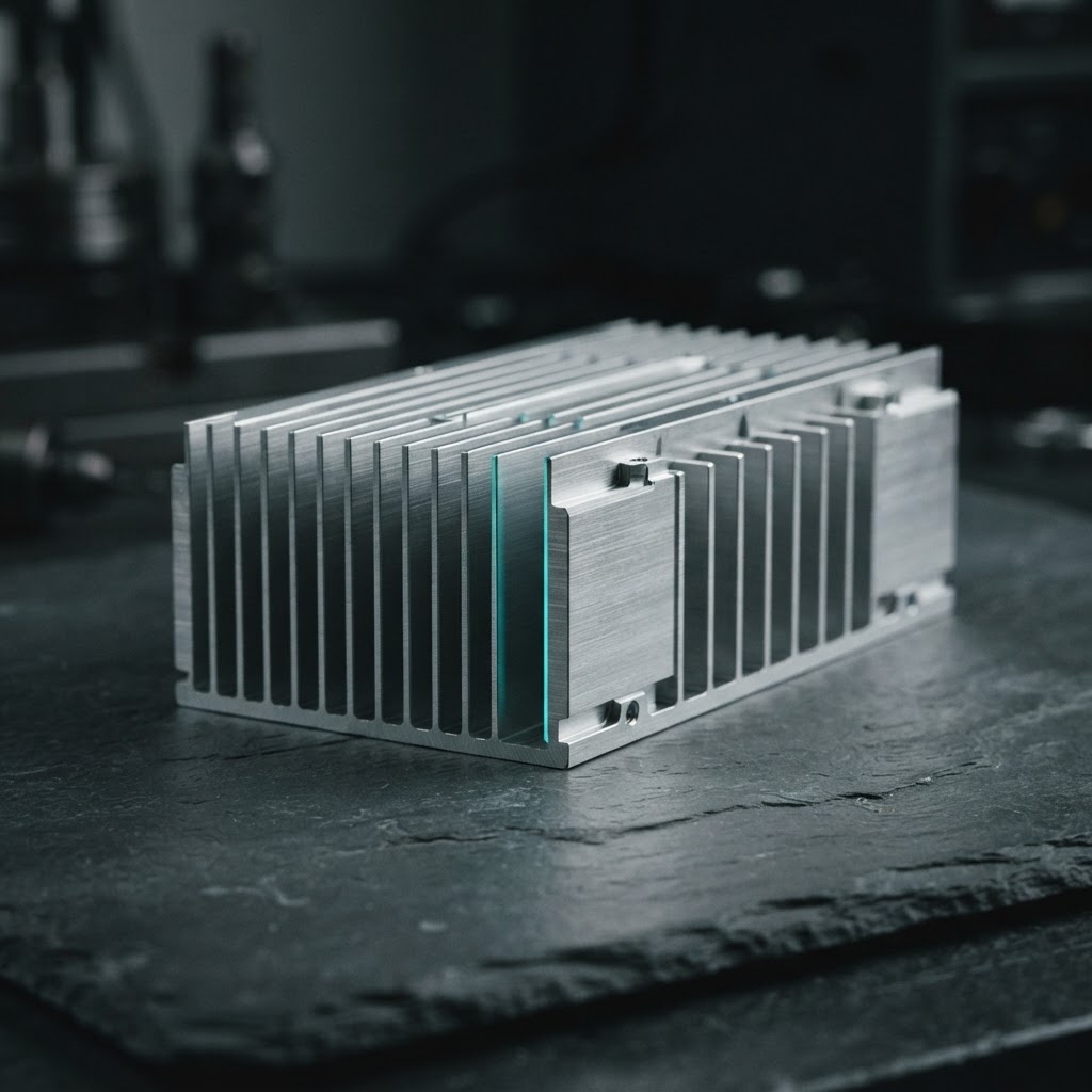 Close up of high end aluminum heatsink on dark slate