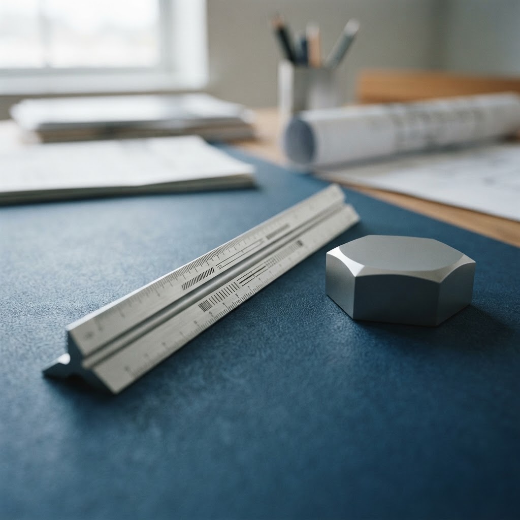 Macro shot of brushed aluminum scale ruler on textured desk