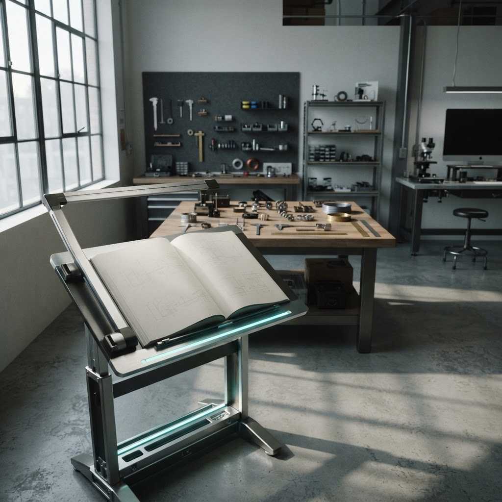 Professional engineering drafting stand with manual in minimalist workspace