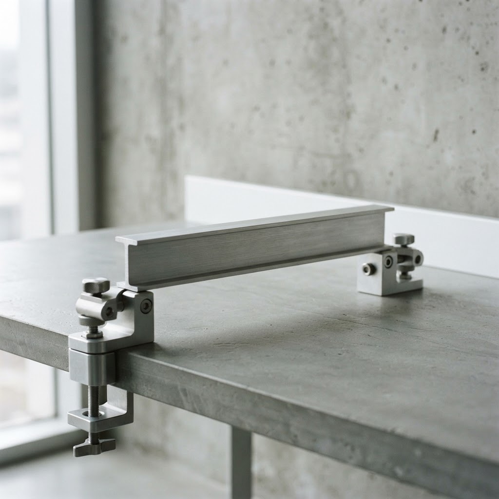 A high precision metallic beam held by industrial clamps