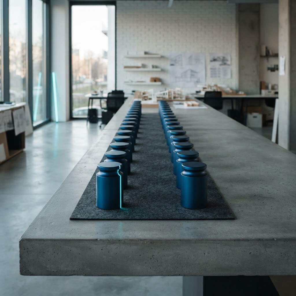 Arrangement of precision weights on a concrete workspace