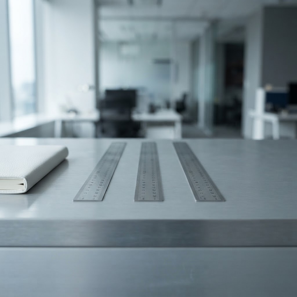Aligned metal rulers on a brushed aluminum surface
