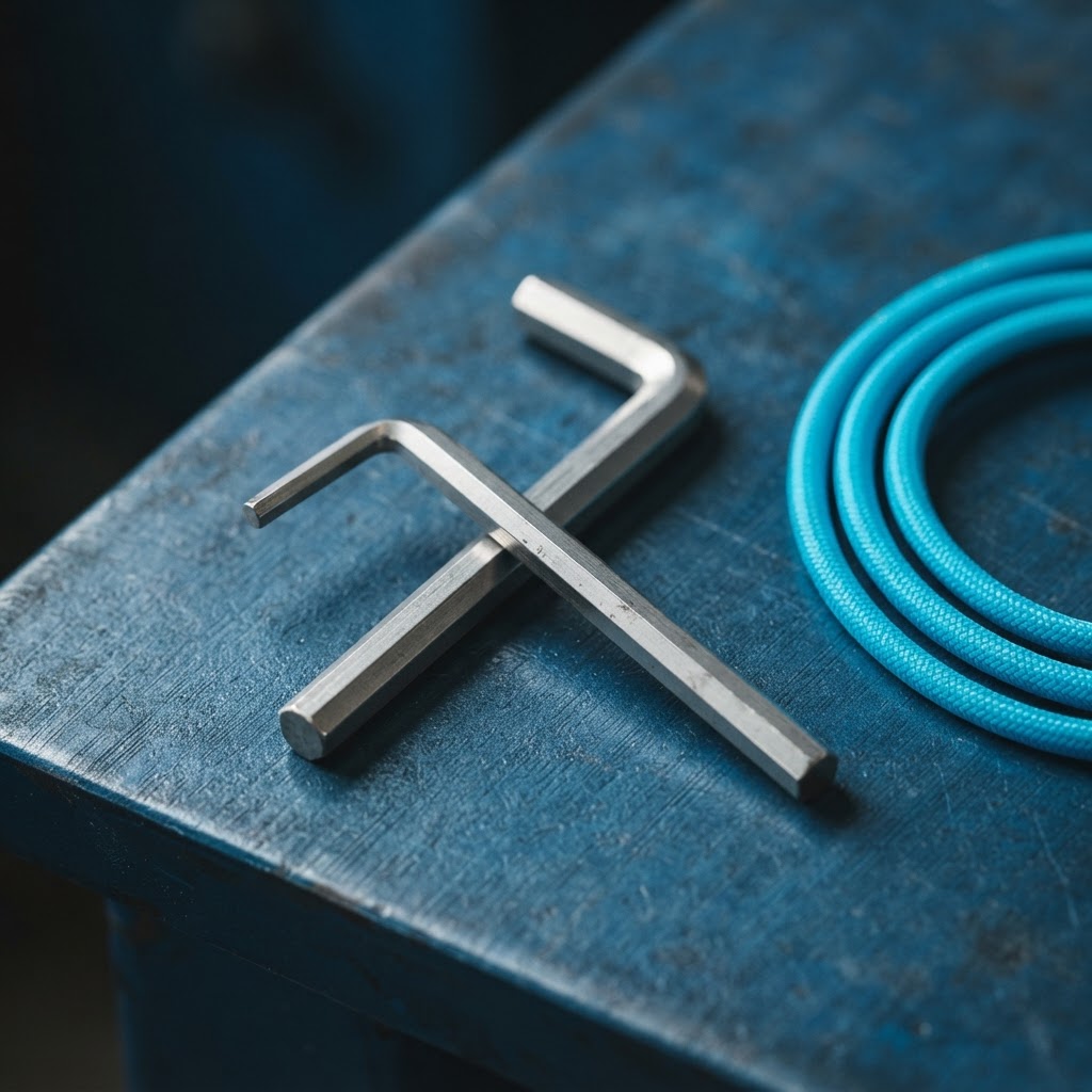 Close up of aluminum hex keys on a deep blue metal surface