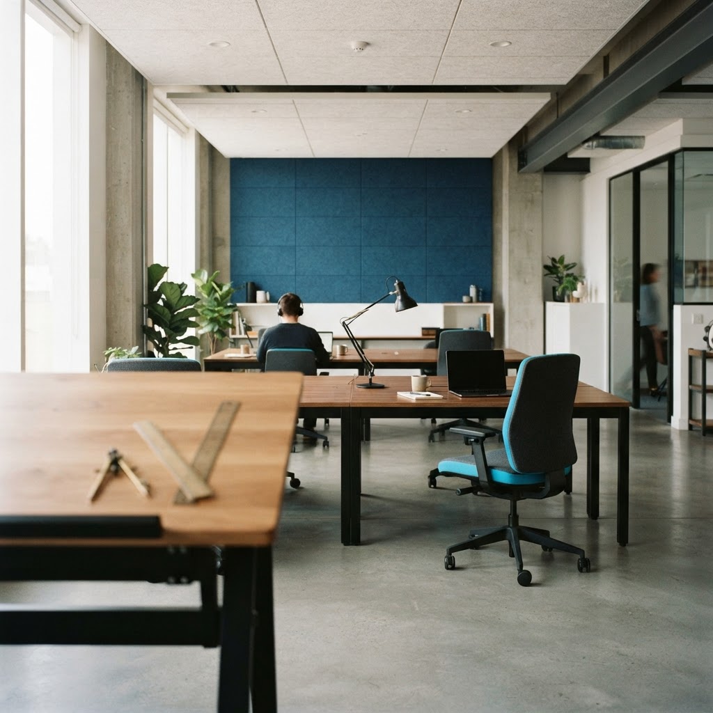 Modern minimalist workspace with deep blue wall panels