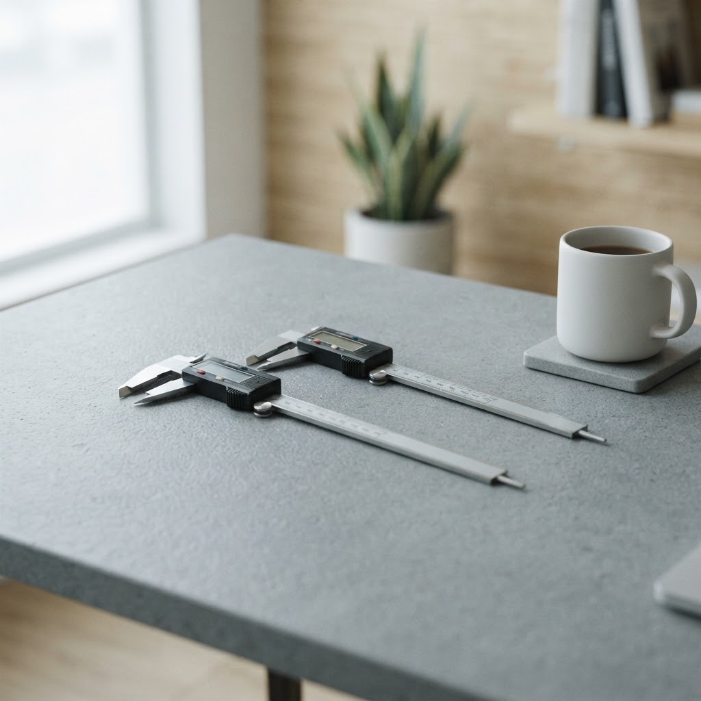Two precision stainless steel calipers on a minimalist gray desk