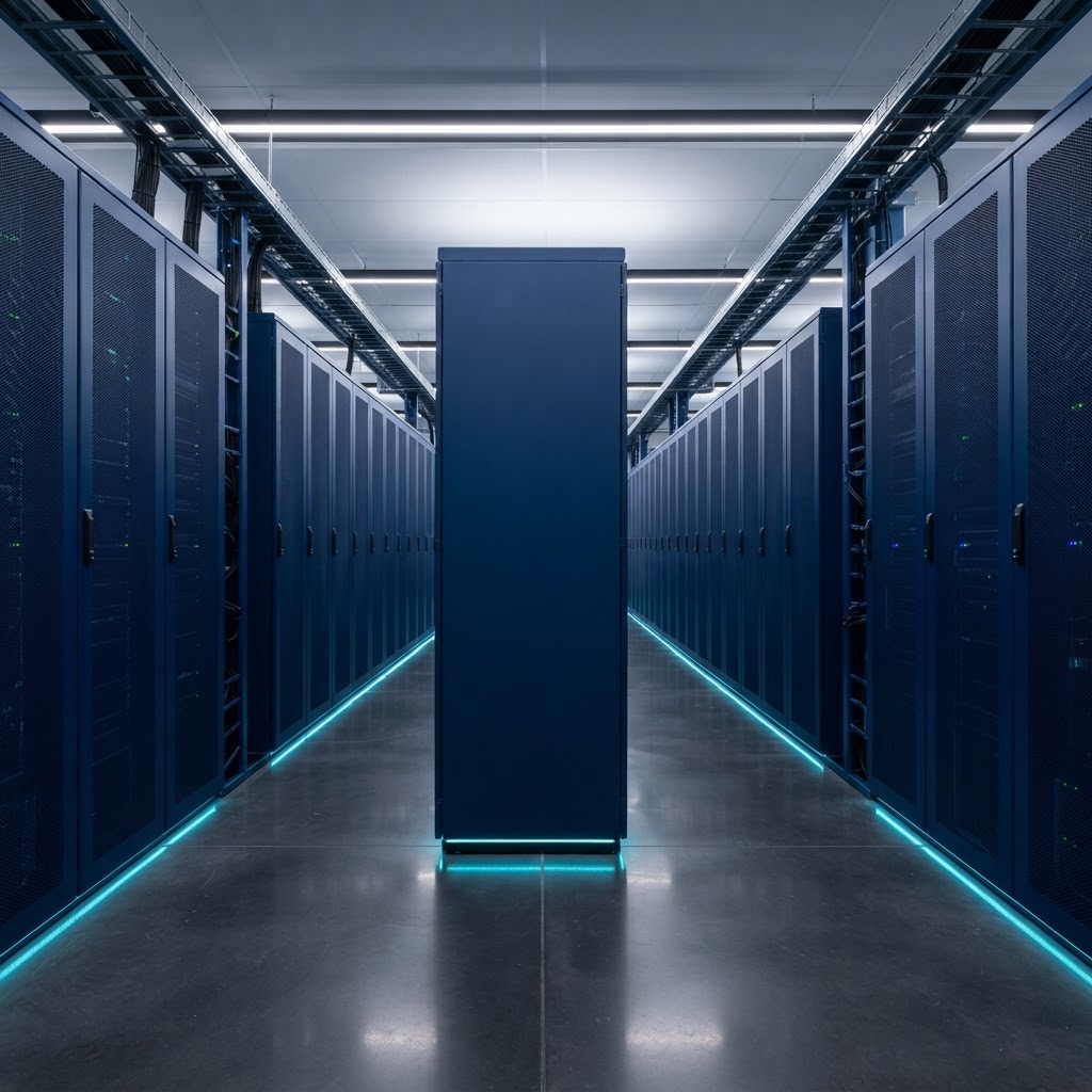 Architectural view of a modern data center hallway