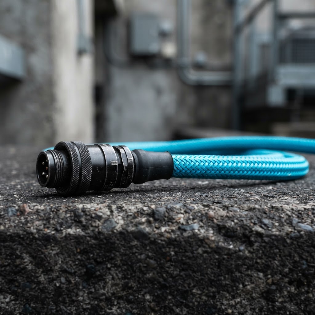Close up of an industrial electric cyan cable