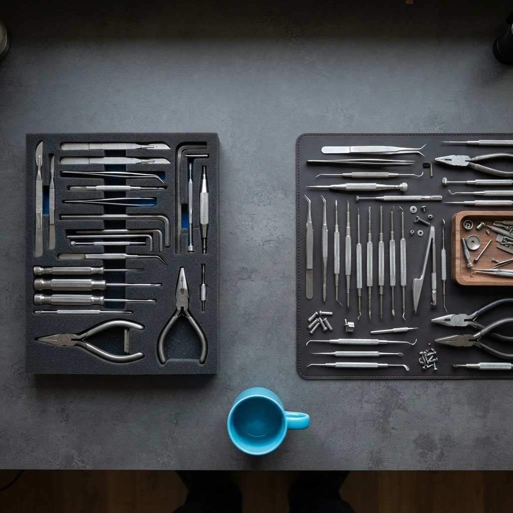 Precision tools arranged in two different organizational styles on a desk