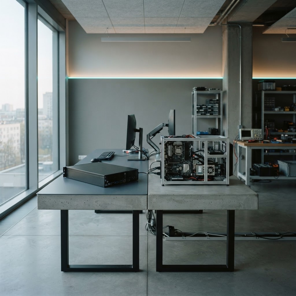 Two workstations showing different hardware configurations in a modern studio