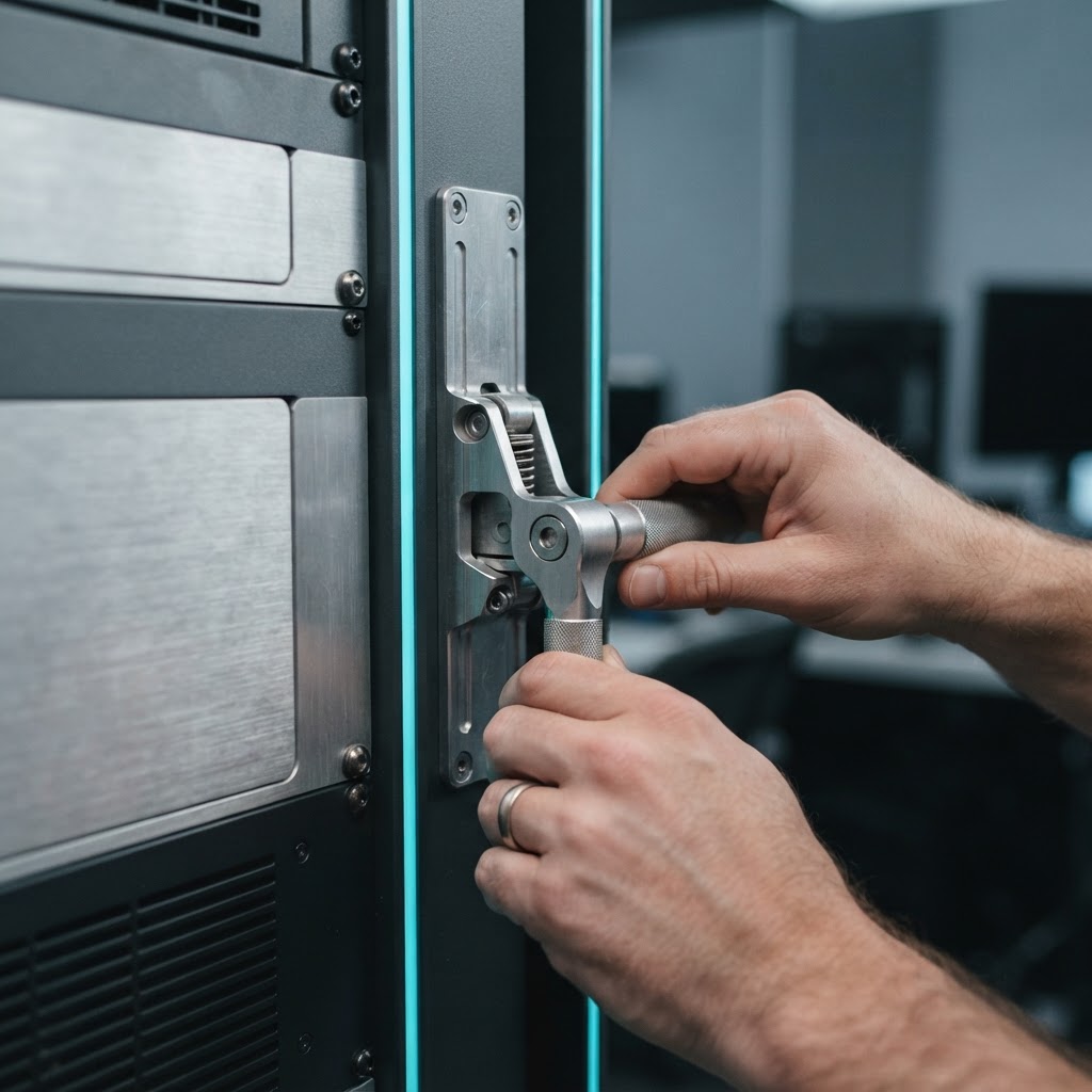 Close up of hands adjusting a metallic equipment lock