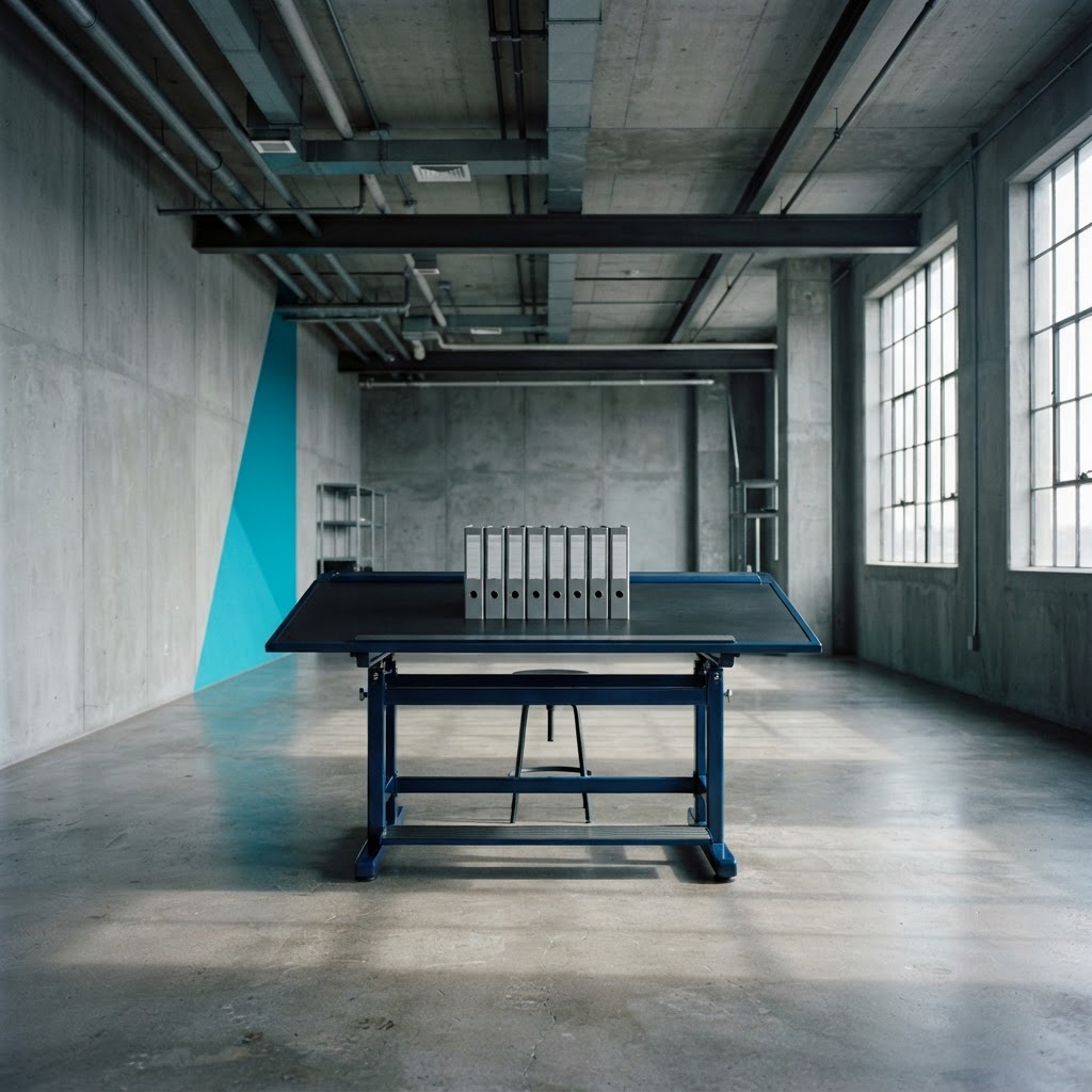 Minimalist industrial studio with organized binders on a table