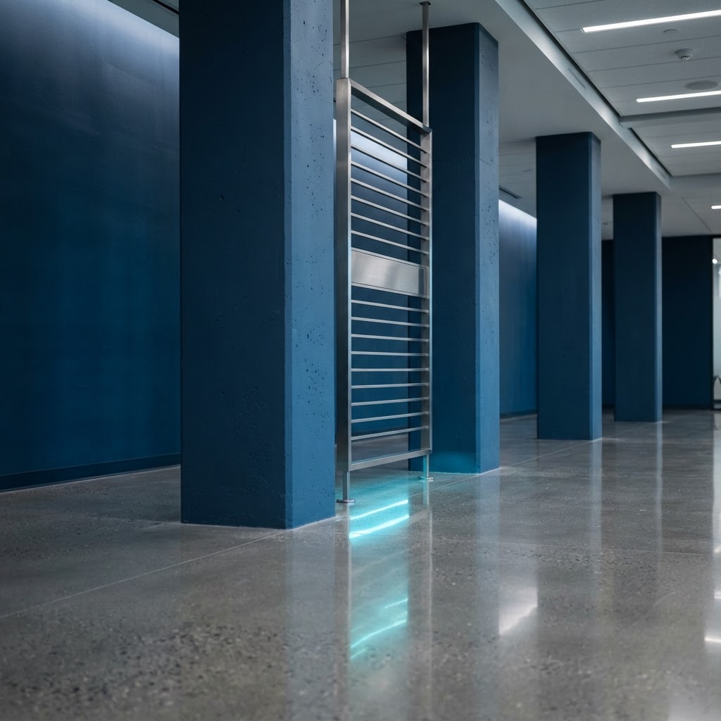 Modern architectural space with clean lines and blue walls