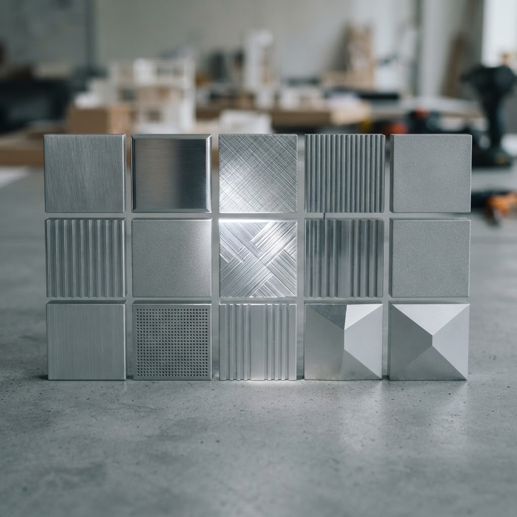 A grid of varied modular aluminum components on a gray surface