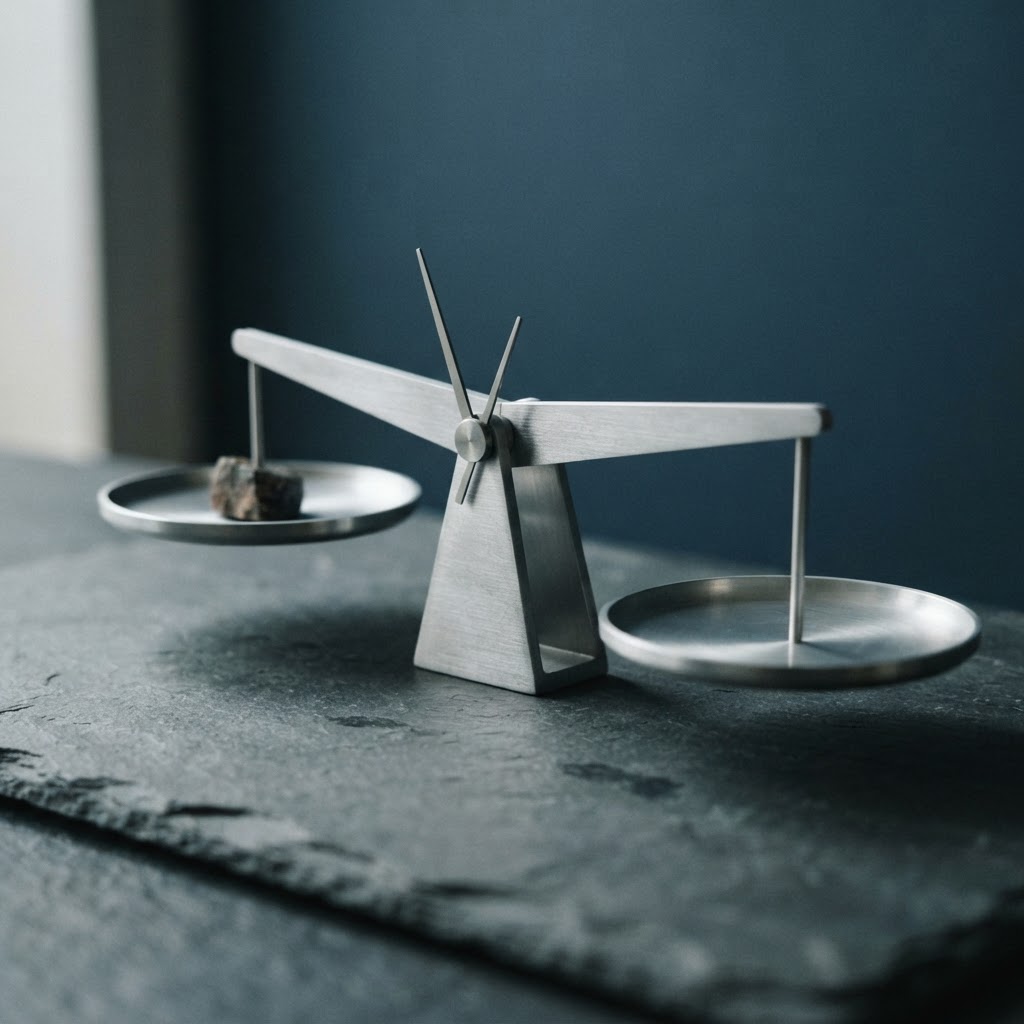 Minimalist industrial scales balanced on a slate surface