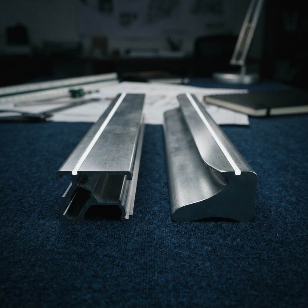 Two distinct industrial metal beams resting on a dark desk
