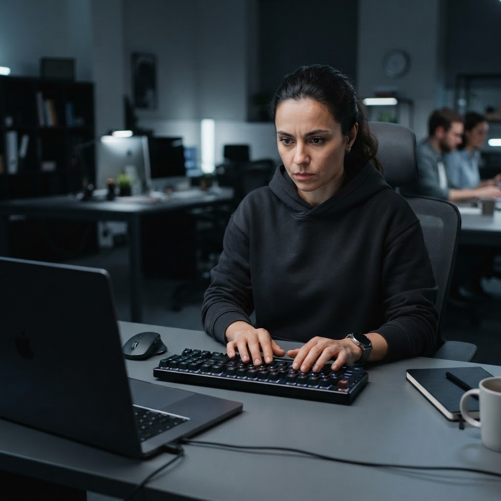 A developer working at a clean workstation