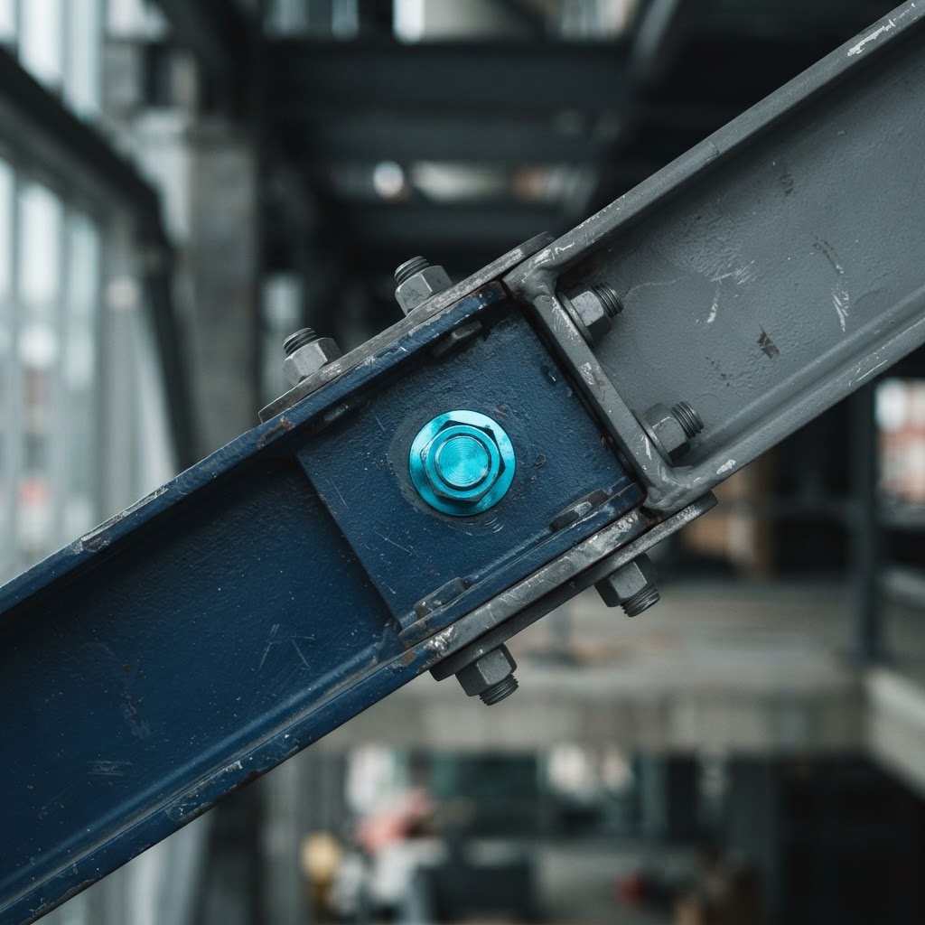 A close-up of a structural steel beam connection with a cyan bolt