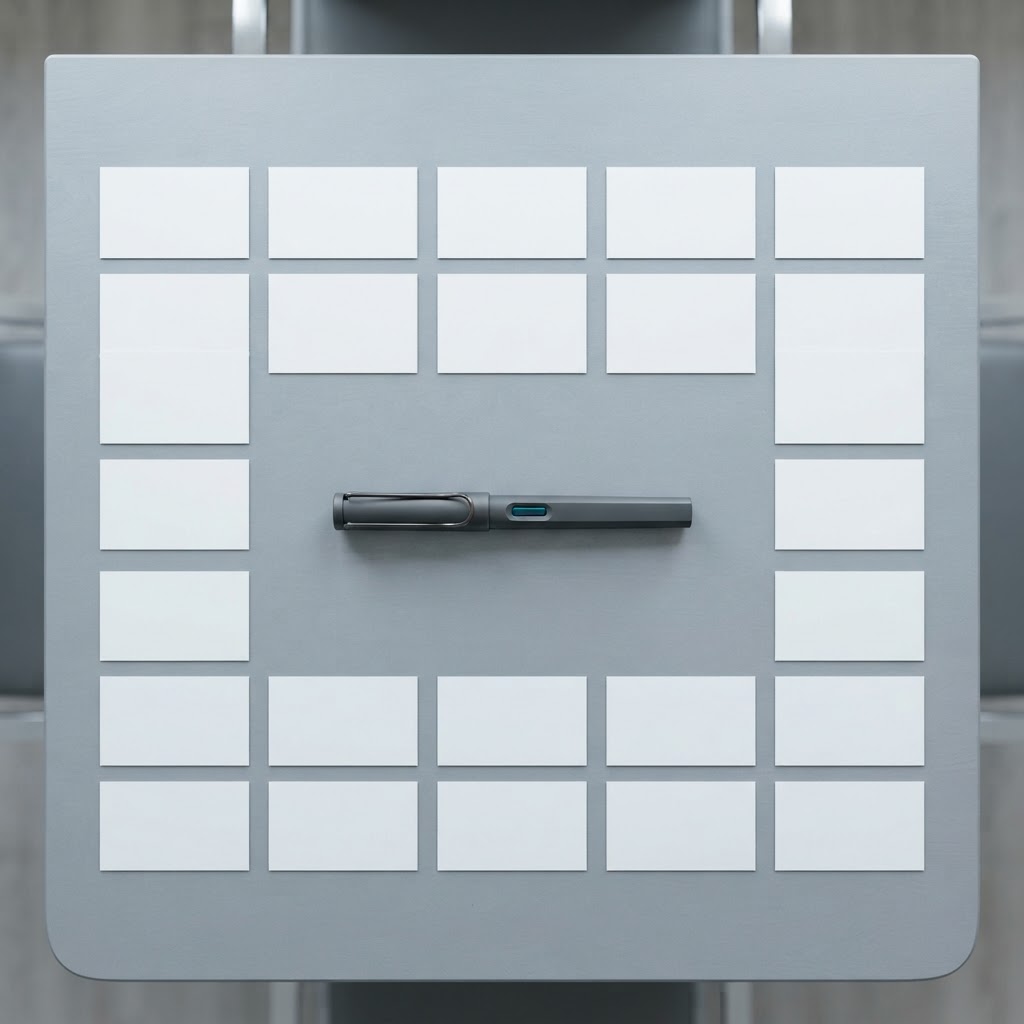 A fountain pen and blank index cards on a gray table