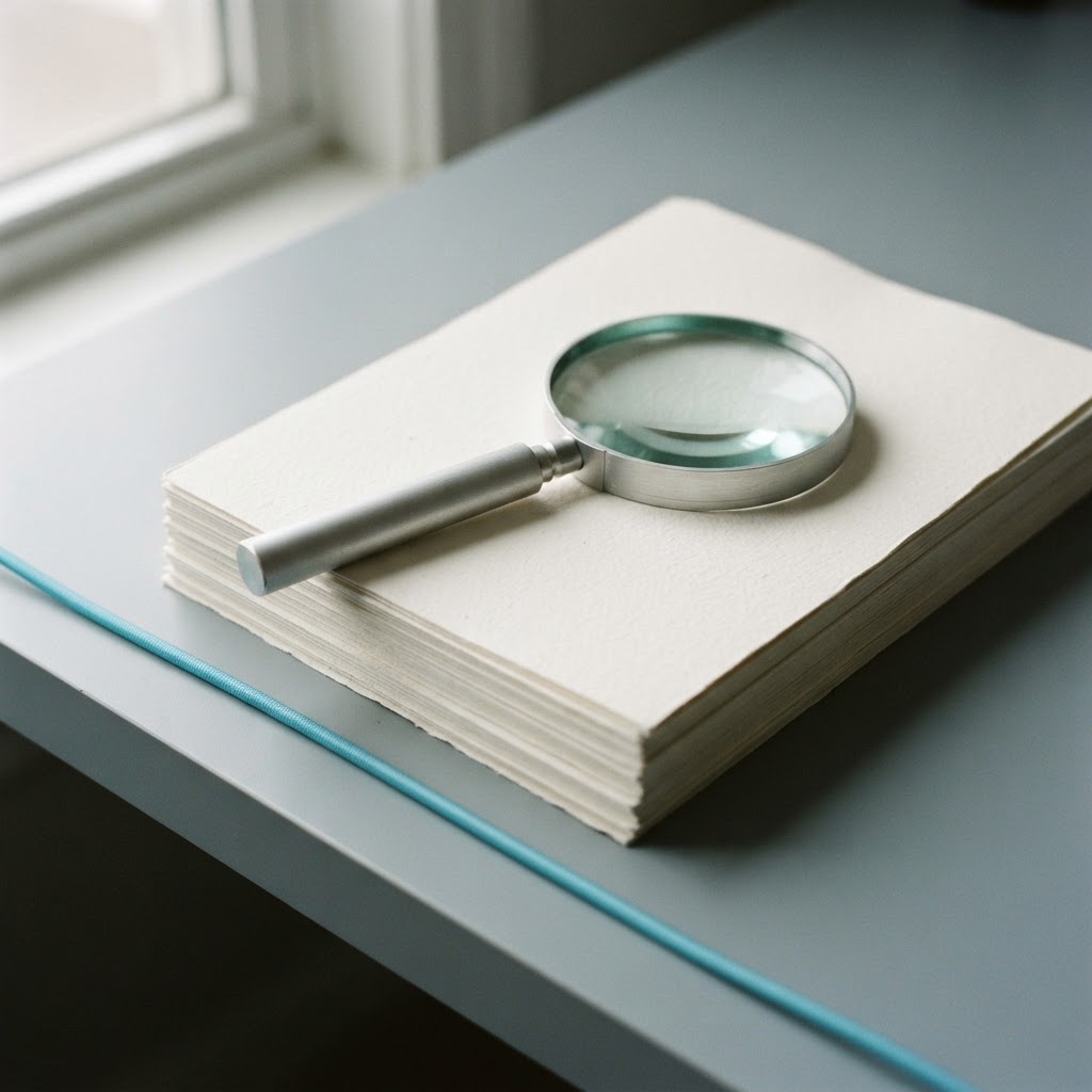 A magnifying glass resting on a stack of professional documents