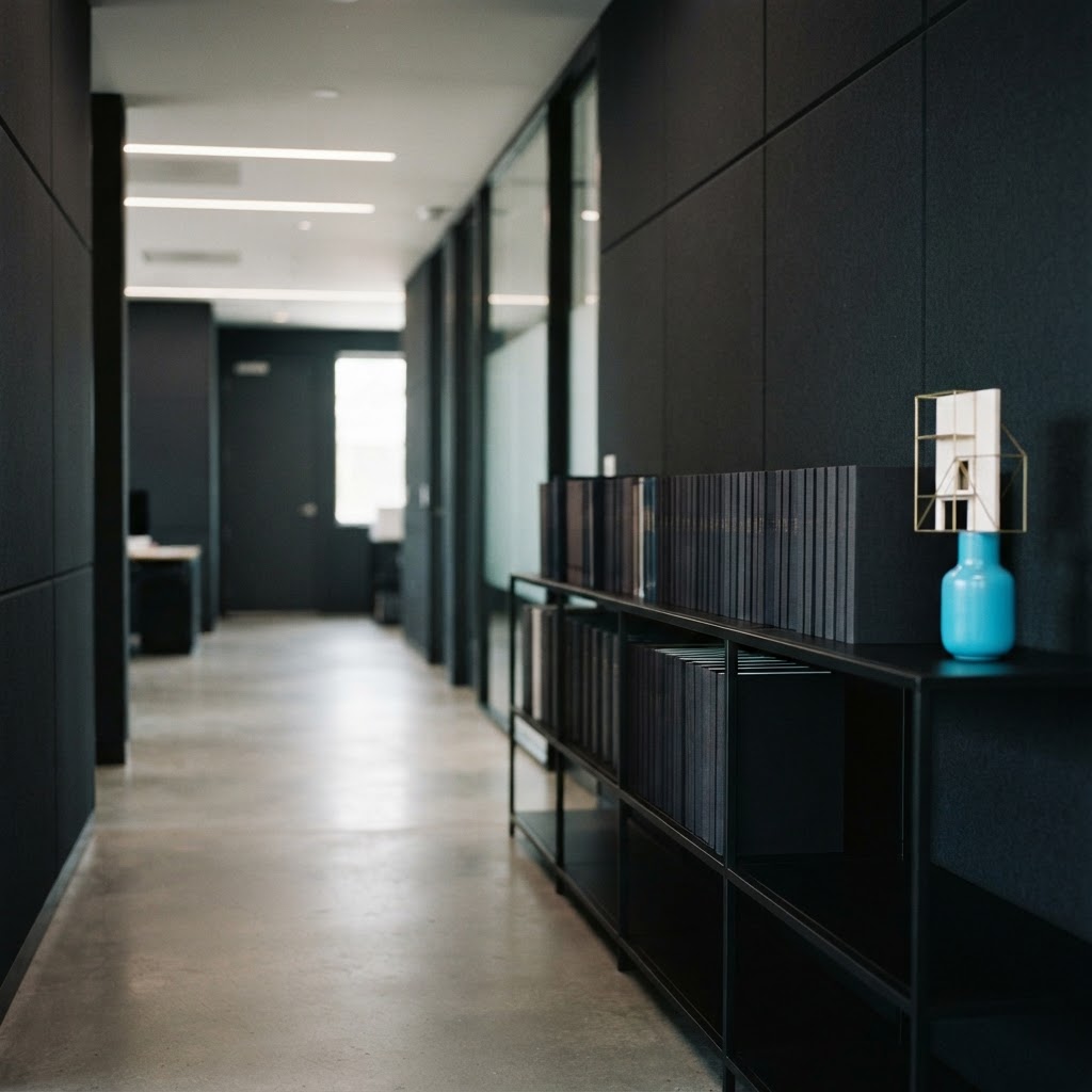 A minimalist office shelf with organized journals and a cyan vase