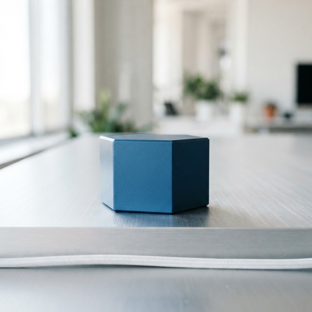 A solid blue metal paperweight on a brushed aluminum surface