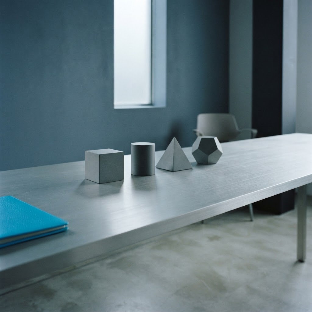 Minimalist geometric shapes arranged on a studio desk