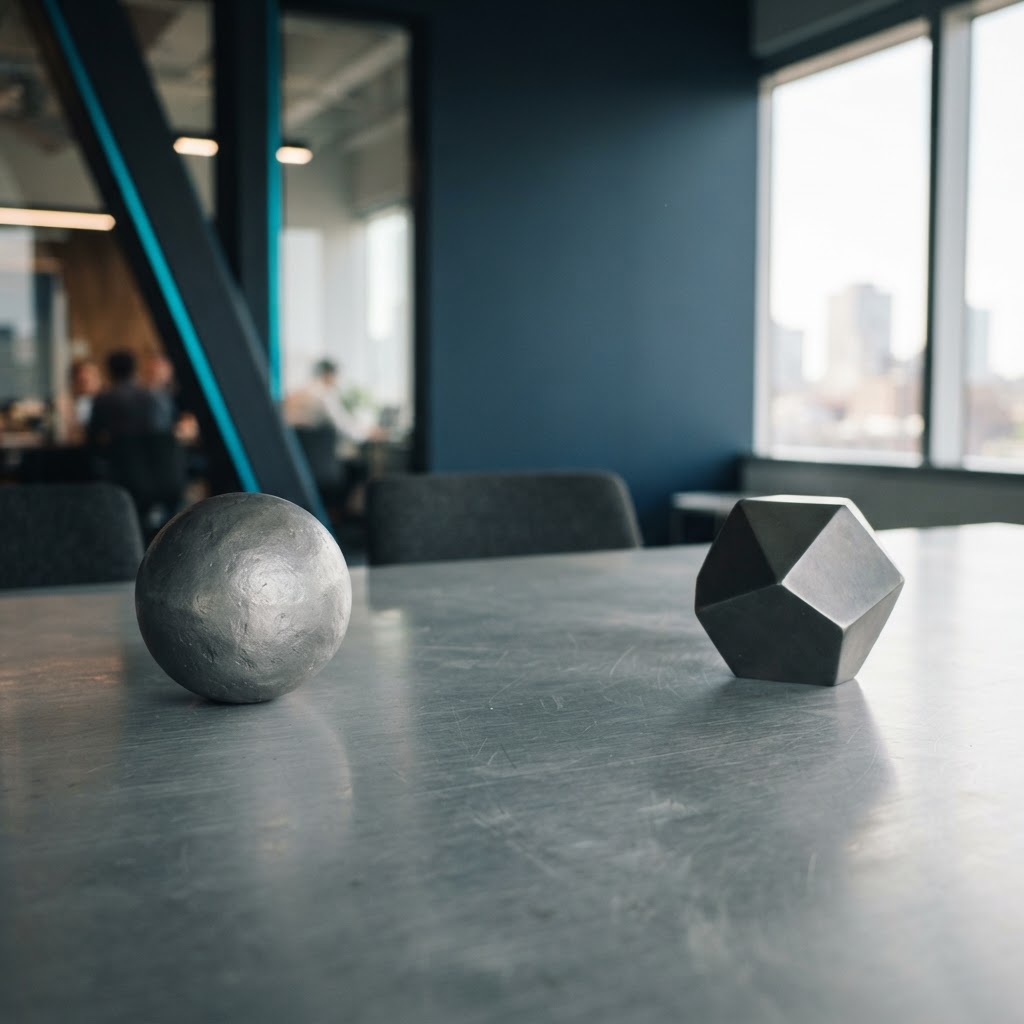 Minimalist metal objects on an aluminum surface in an office