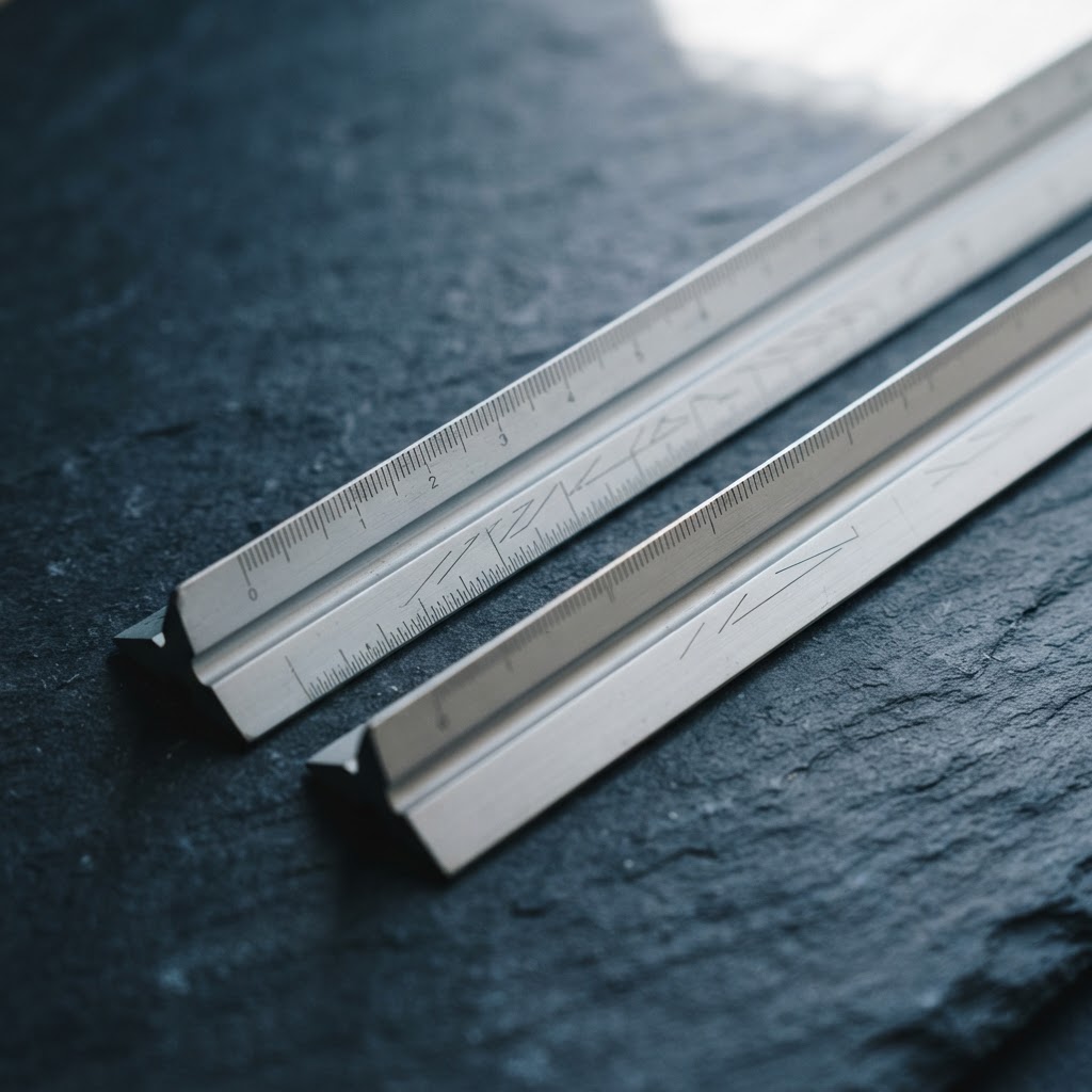 Precision metal drafting tools on a textured slate surface