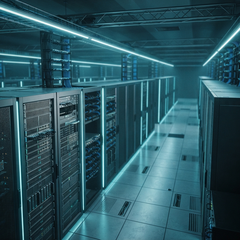 Modern server room with clean hardware and soft lighting