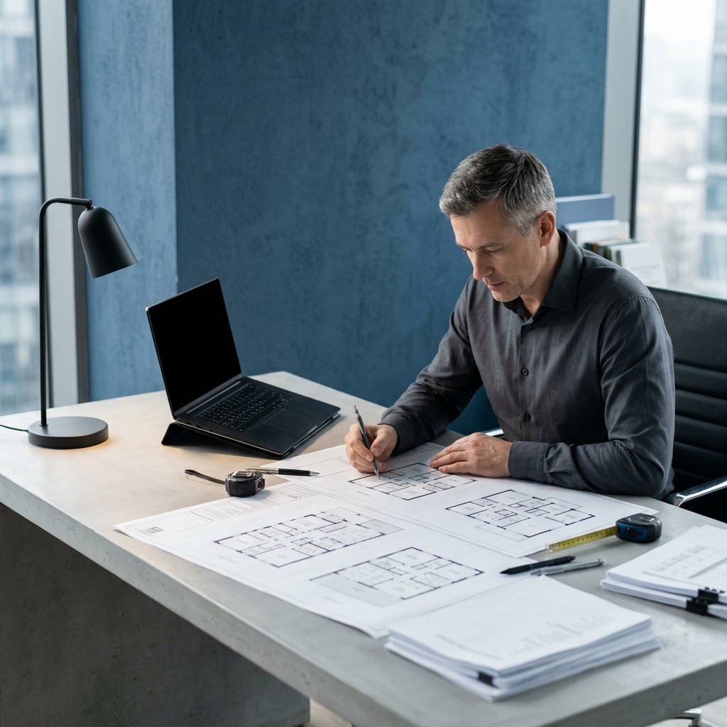 Developer reviewing construction plans at desk