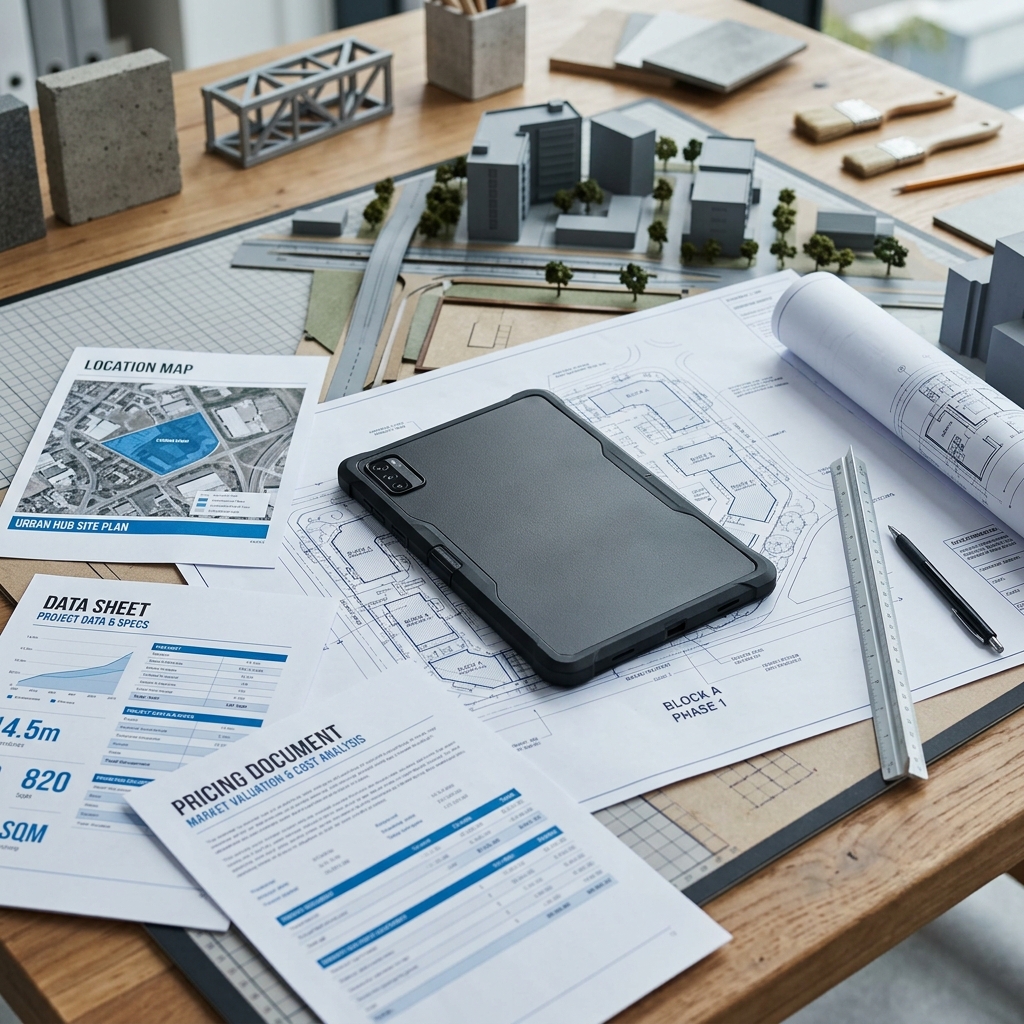 Tablet with construction documents on work surface