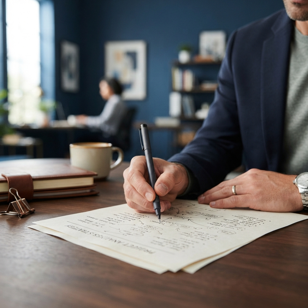 Focusing on hand writing notes on paper document
