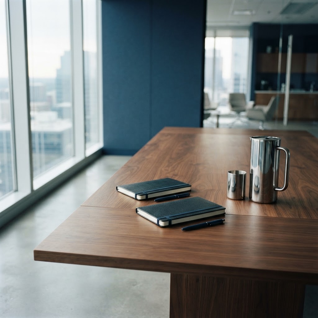Minimalist conference table setting for professional meeting