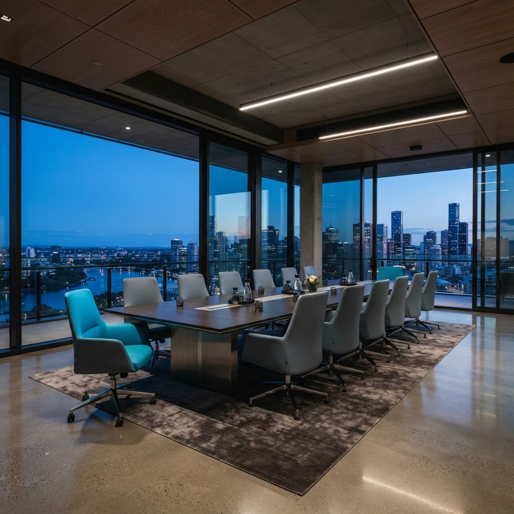 Modern empty boardroom with urban window view