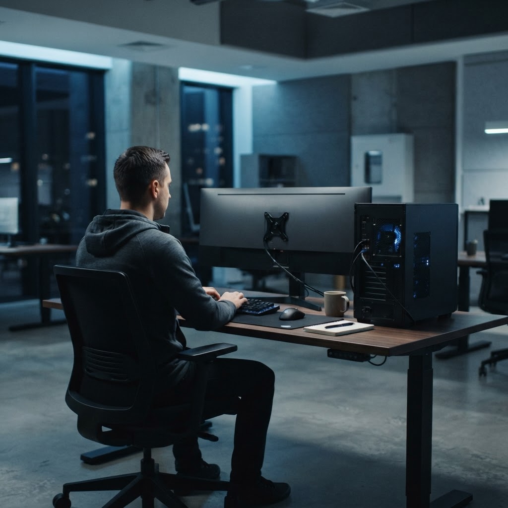 Engineer sitting at a minimalist workstation