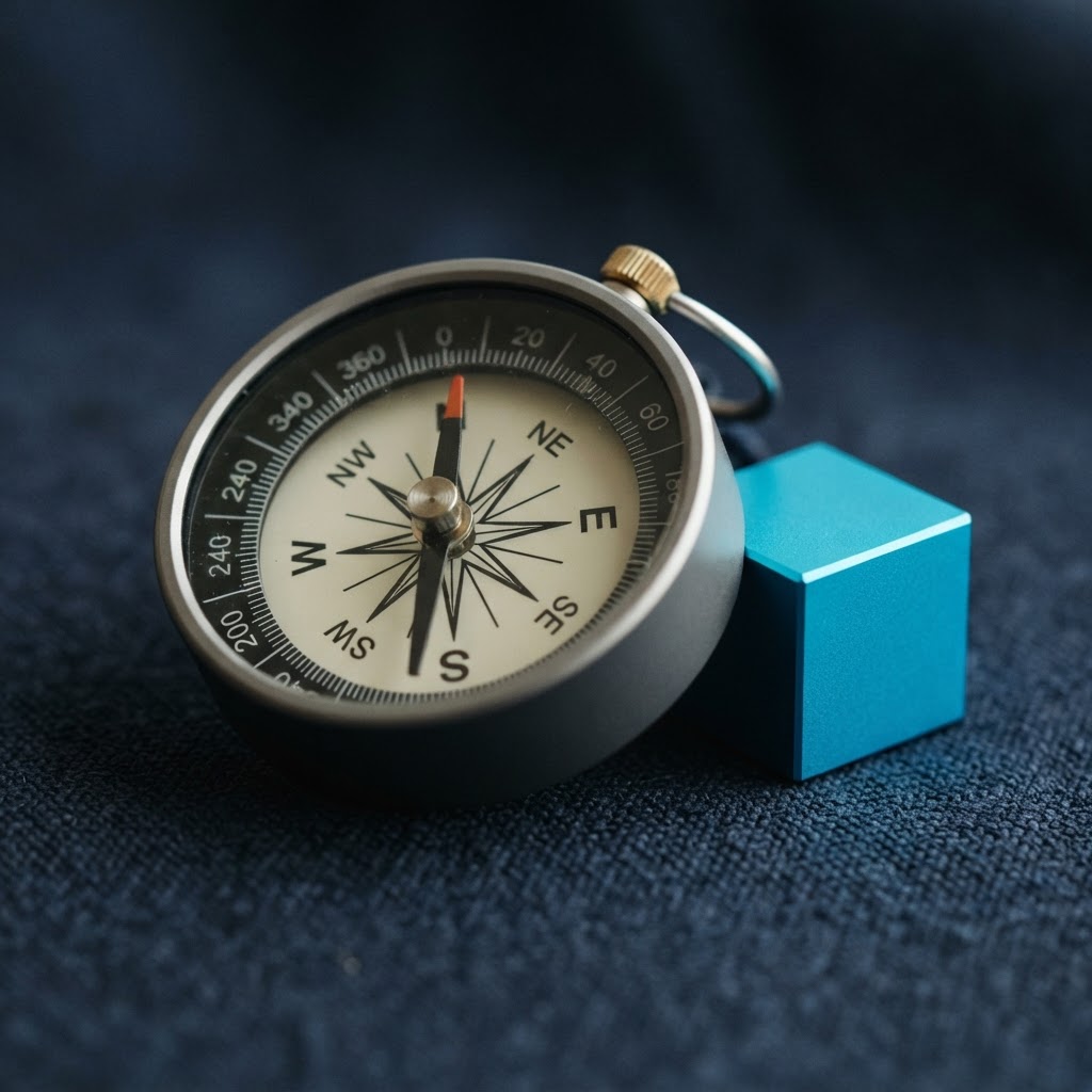 Compass and metal cube on desk