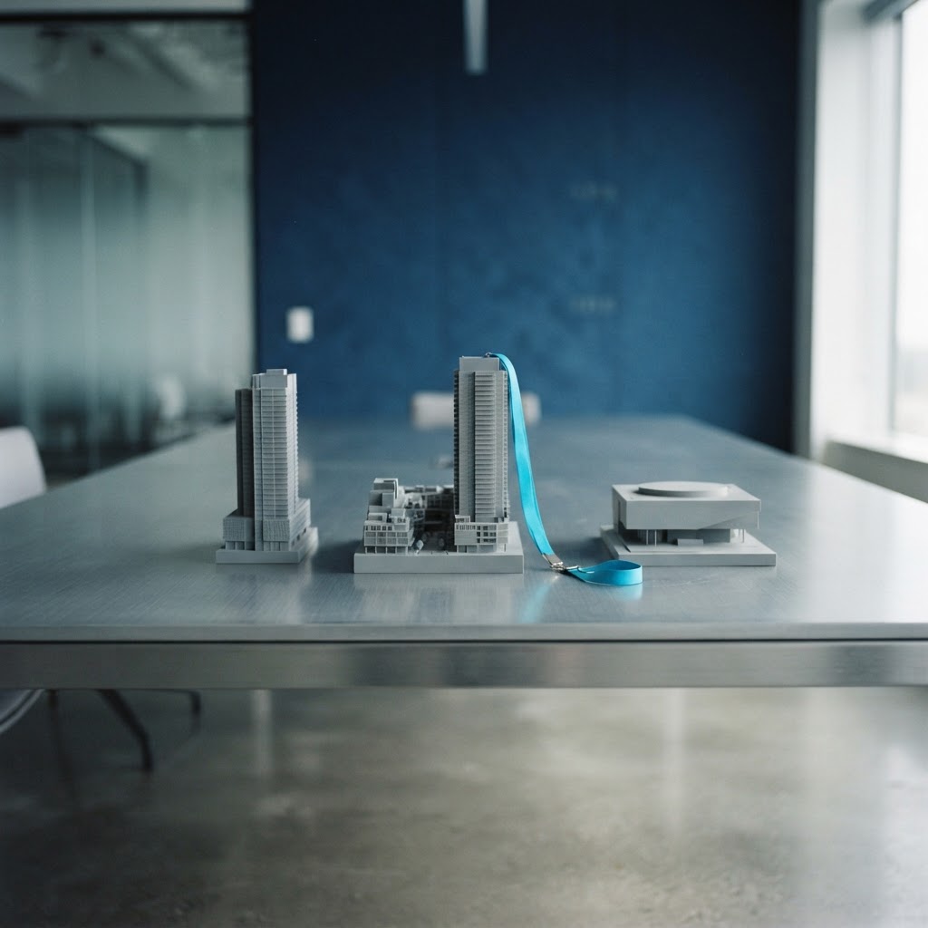 Model buildings on a minimalist desk