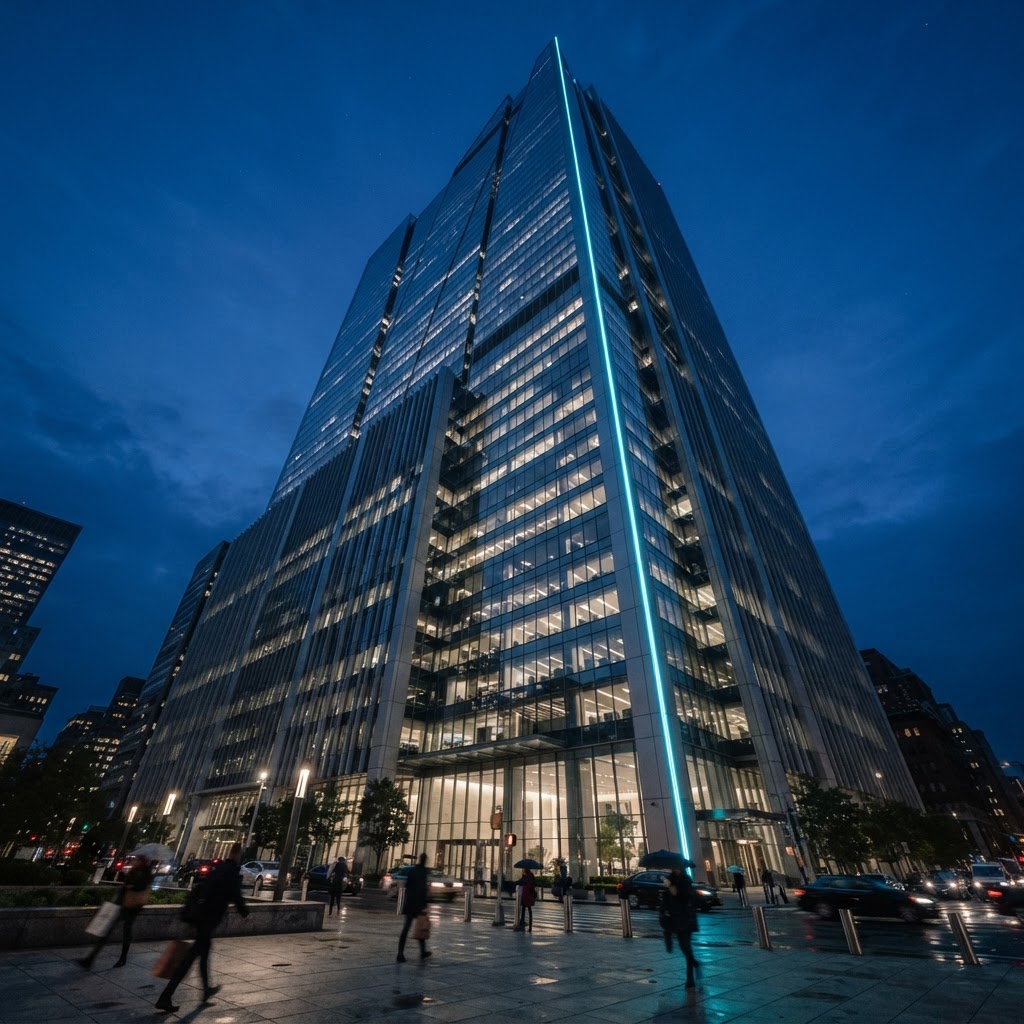 Modern office building exterior at dusk
