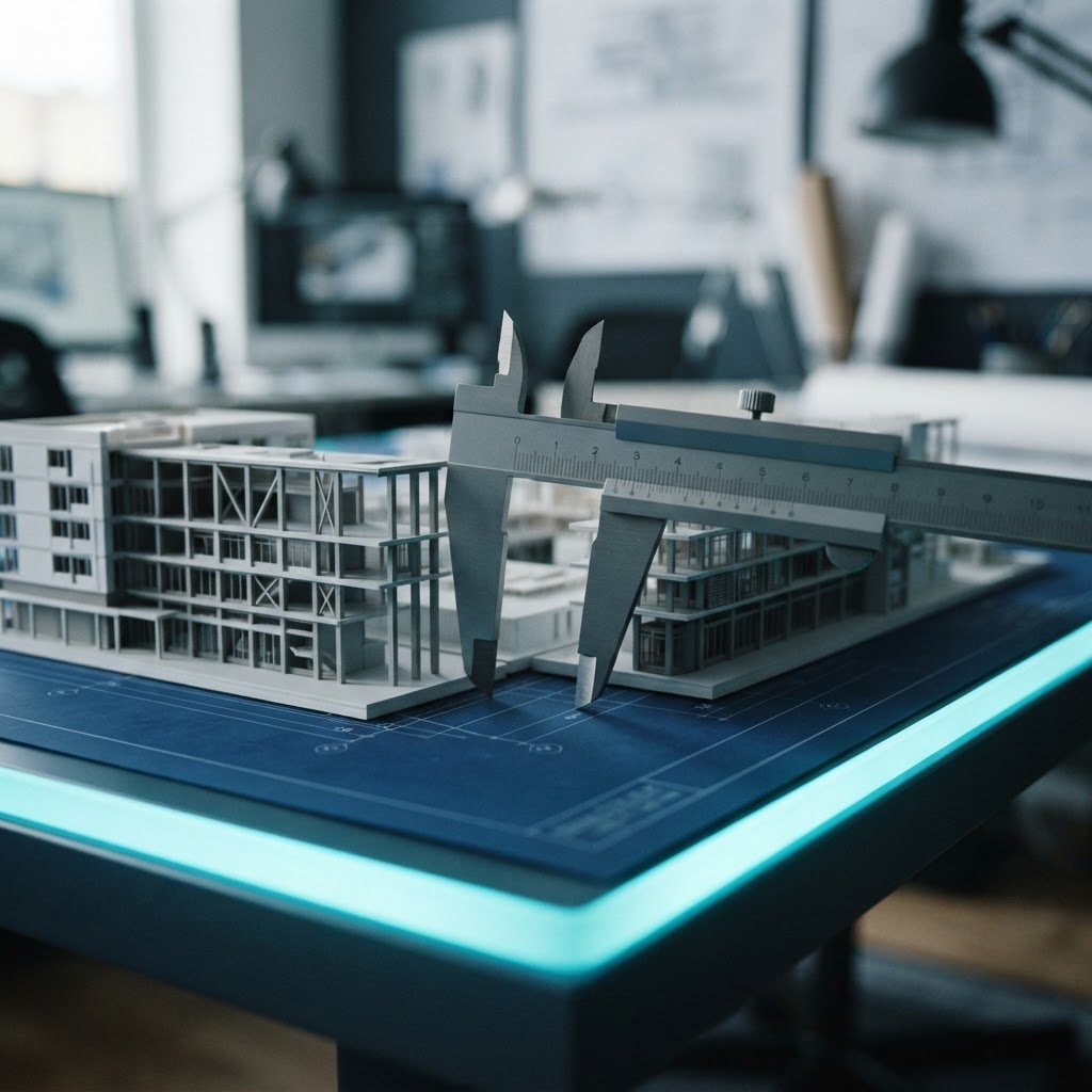 Precision drafting calipers on a blueprint table