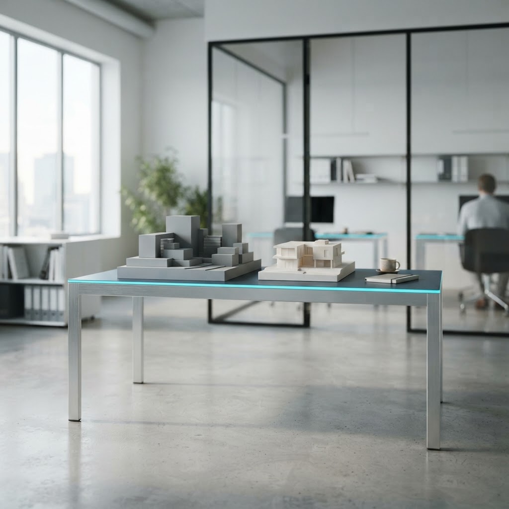 Minimalist architectural workspace with geometric model blocks