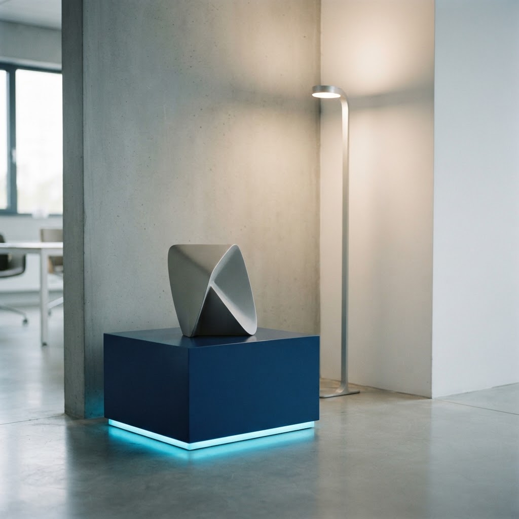 Modern design studio corner with abstract sculptural form
