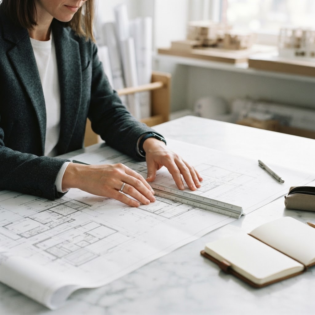 Hands working with blueprints and tools on a desk