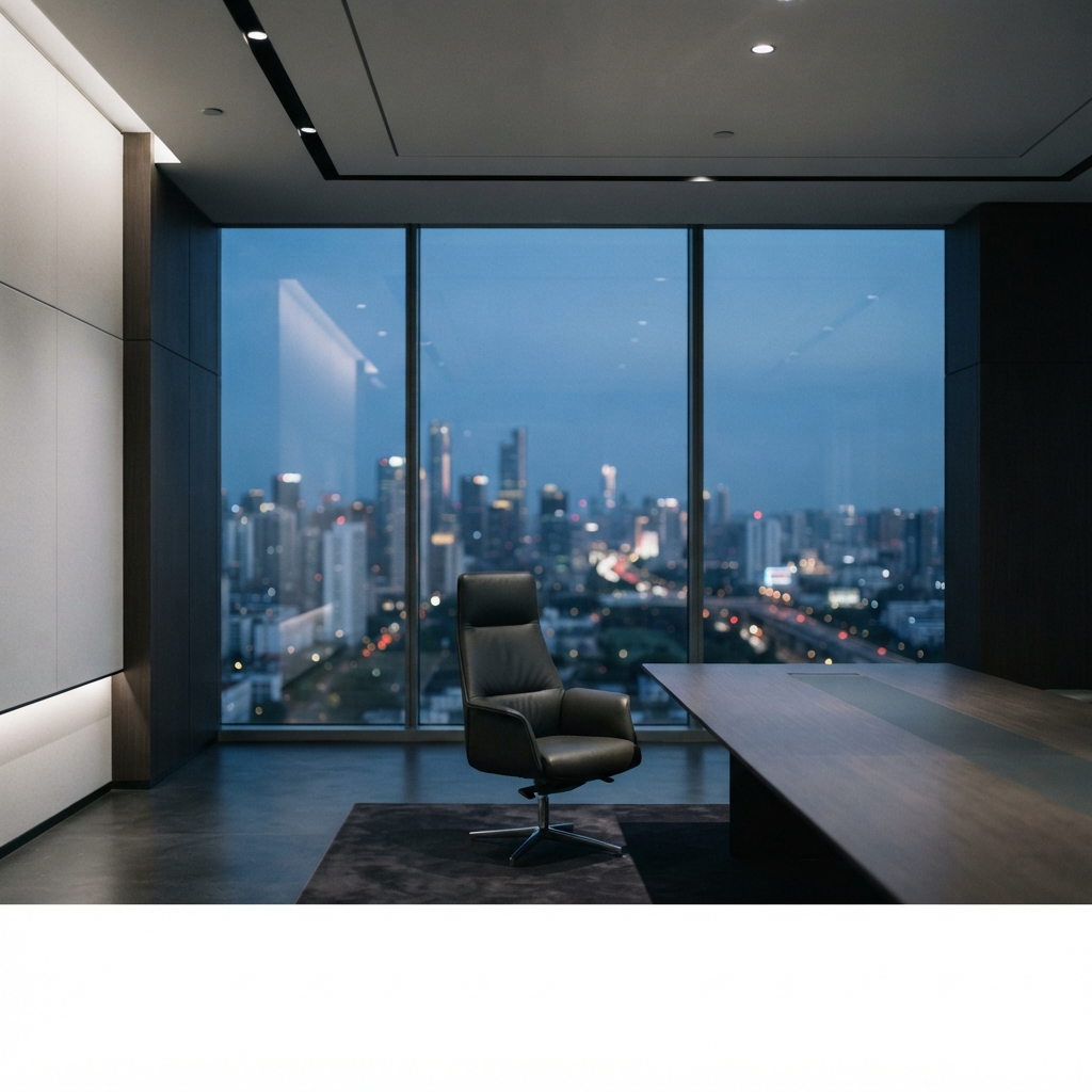 Minimalist modern meeting room overlooking a city