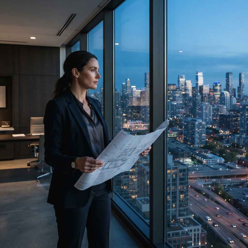Professional reviewing architectural plans in a high rise office
