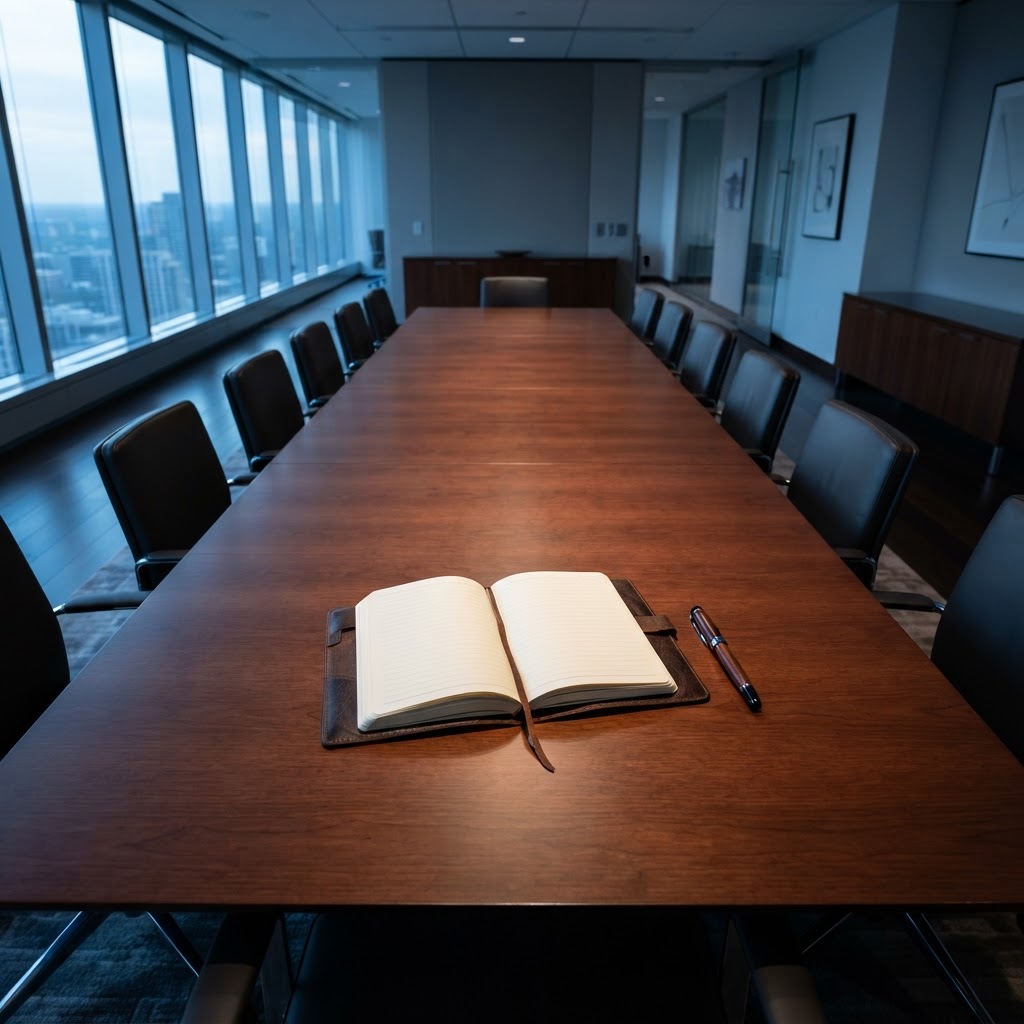 Professional meeting table with notebook and pen