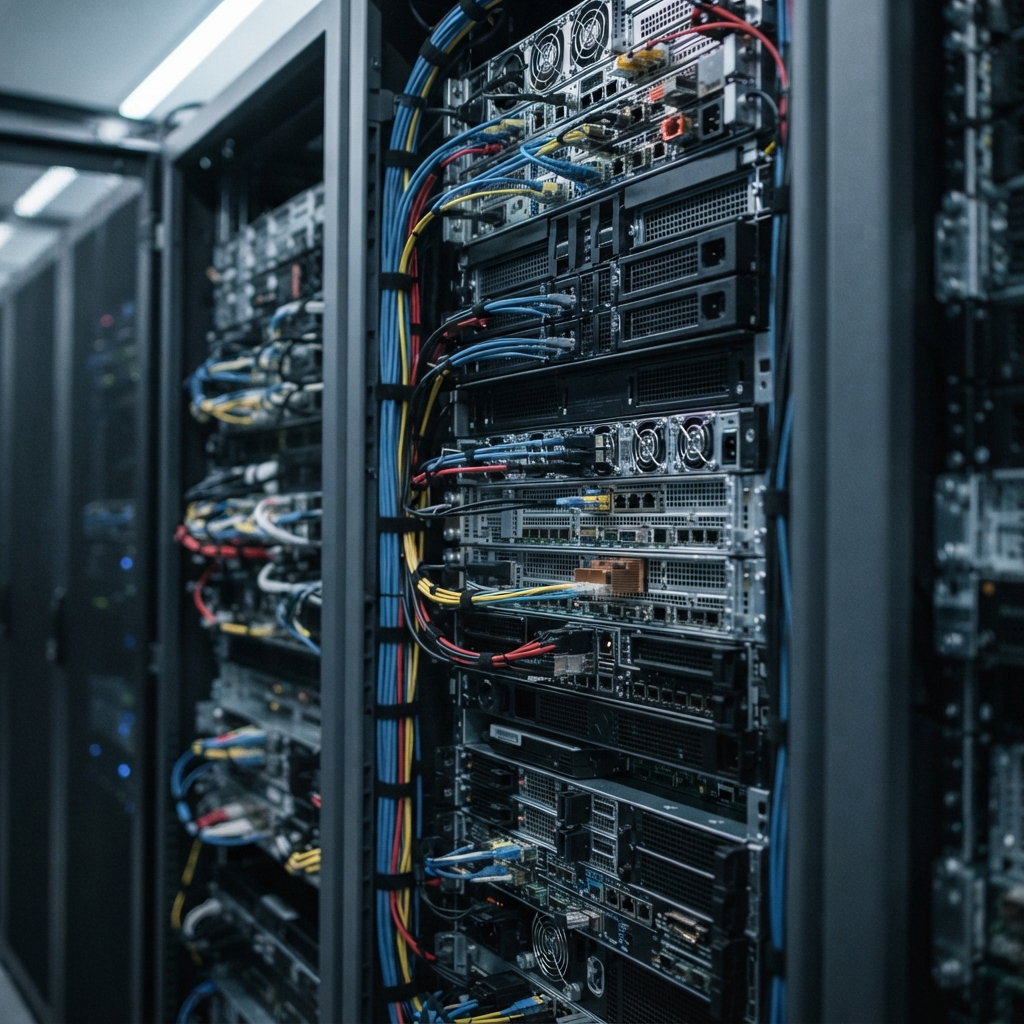 Close up of server rack and clean hardware infrastructure