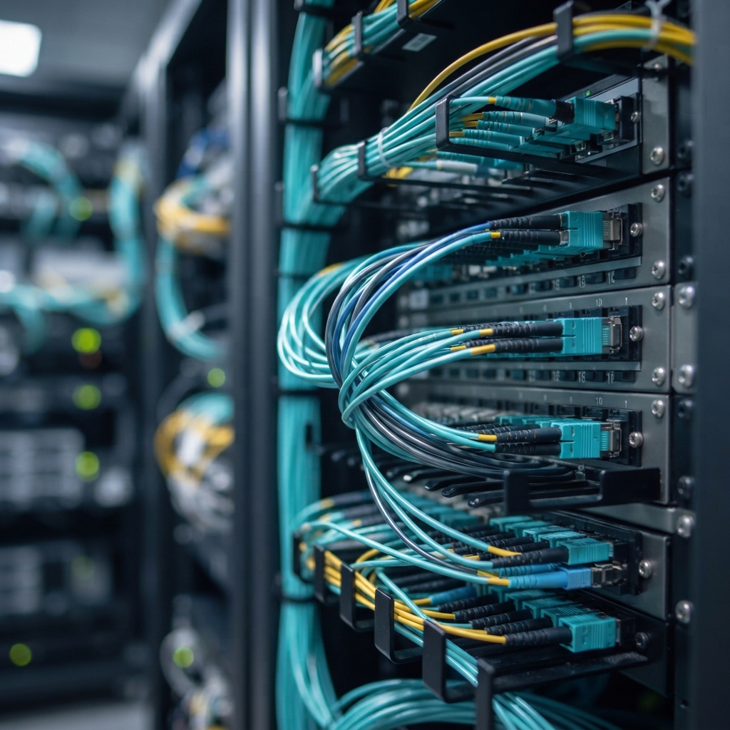 Close up of fiber optic cables in a data center