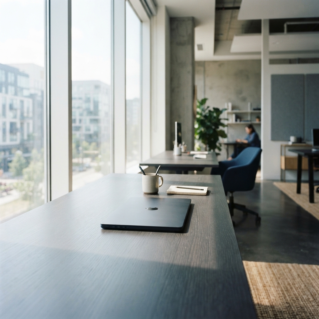 Minimalist modern desk workspace with a closed laptop